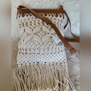 INC International Concepts Cream and Brown Macramé Shoulder Bag